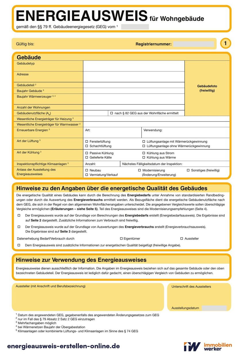 First page of the official energy performance certificate template for residential buildings with blank fields for validity, registration number, building data and issuer