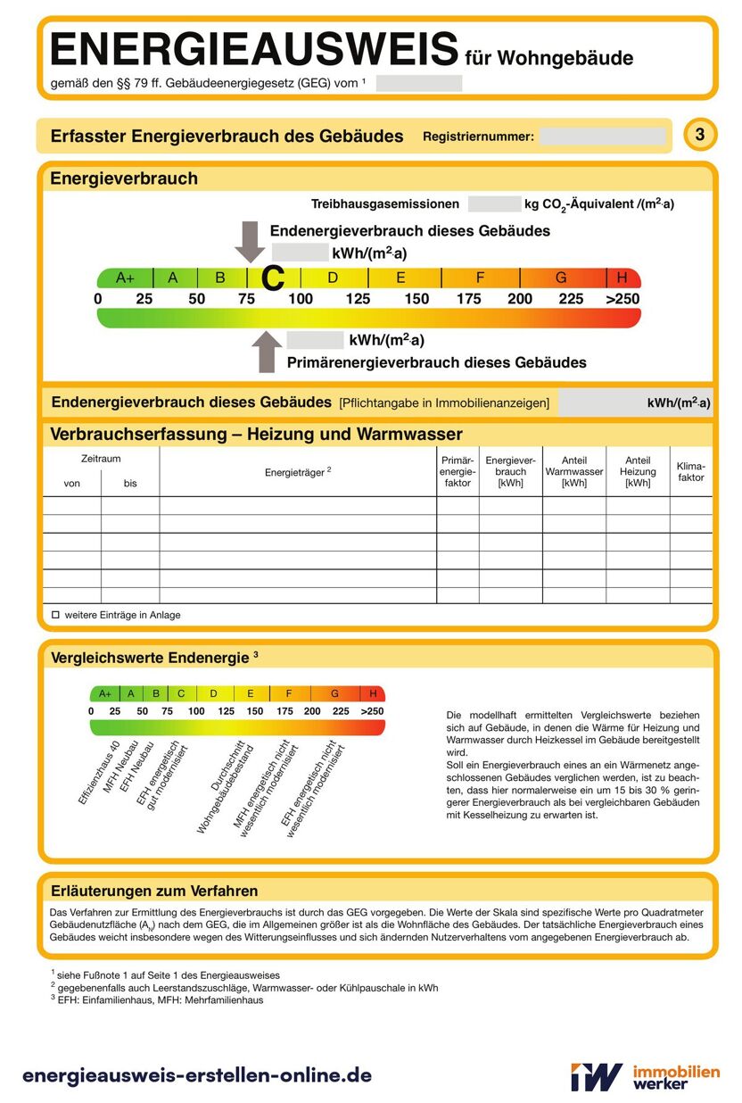 Dritte Seite des Musters mit der Tabelle zur Verbrauchserfassung und Spalten für Zeitraum, Energieträger, Verbrauch, Warmwasser- und Heizungsanteil sowie Klimafaktor